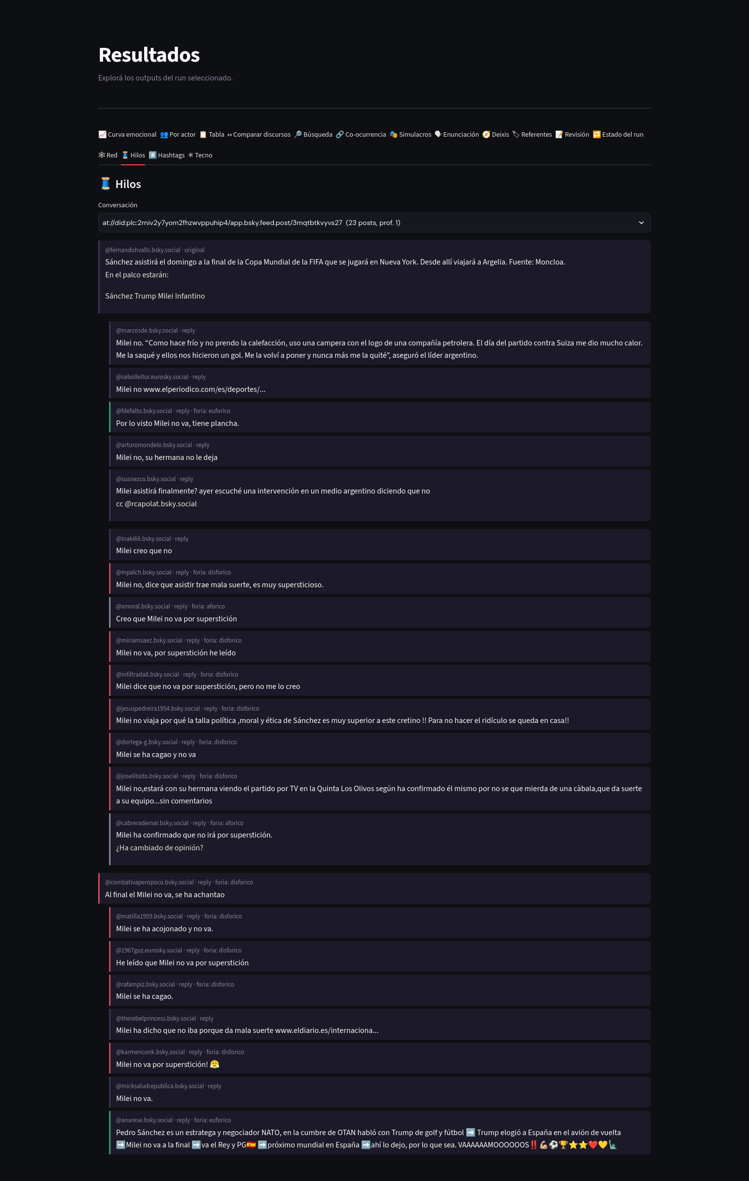 Vista de hilos: el árbol conversacional indentado, con la orientación de valor de cada post y la operación de reencuadre de las citas.